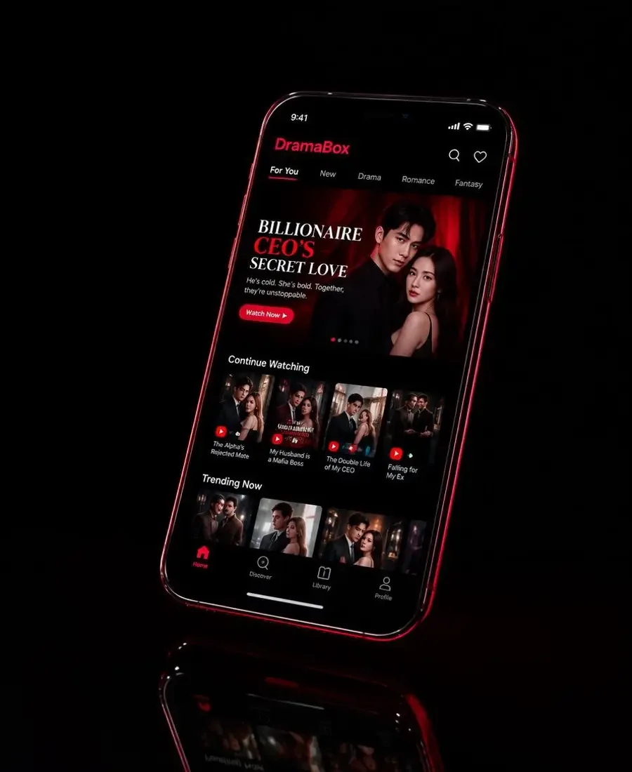 短剧全集 APP 在手机上的界面展示，红黑配色短剧封面列表